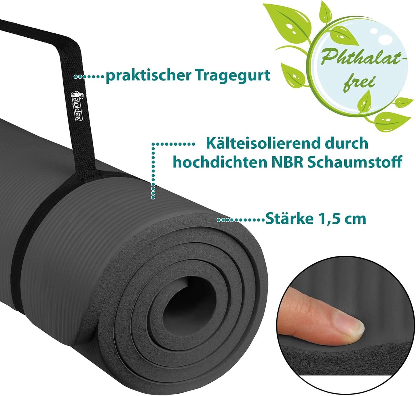 ALPIDEX Yoga Fitnessmatte – Extra Dick 1,5 cm | Rutschfest & Gelenkschonend | Für Yoga, Pilates & Home Workout