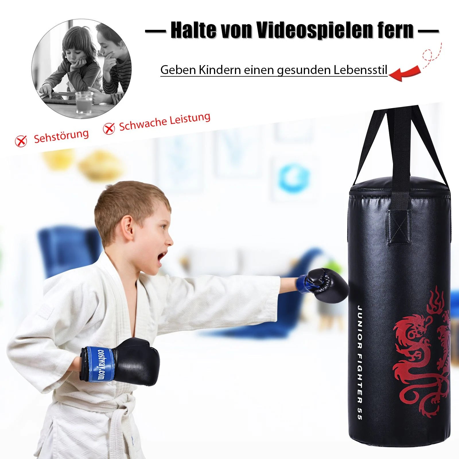 10KG Boxsack-Set Mit 8Oz Boxhandschuhen Kinder Punchingsack Punching Bag Boxing Bag